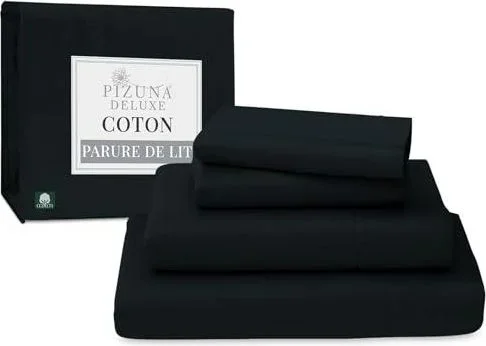 100% Coton Parure de Lit 140×200 cm Noir, Tissu de Satin de Coton à 600 Fils au Pouce carré Comprend 1 Drap Housse, 1 Drap Plat, 2 Taie doreiller (Cot