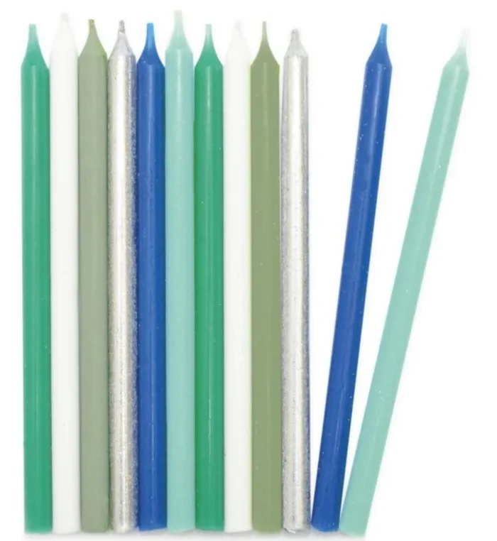 12 bougies set longs bleu et argent 12cm