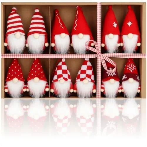12x Pendentifs darbre de Noël Premium Gnomes – Pendentifs de Figurines de Gnomes comme étiquettes Cadeaux – Trolls décoratifs suédo-scandinaves Rouge
