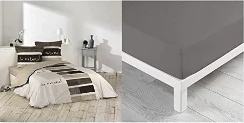 1640448 – Parure 3 P – So Natural – Imprimé – 220 x 240 cm – 42 Fils Allover & 1640653 Drap Housse Uni Coton 57 Fils Gris Souris 140 x 190 cm