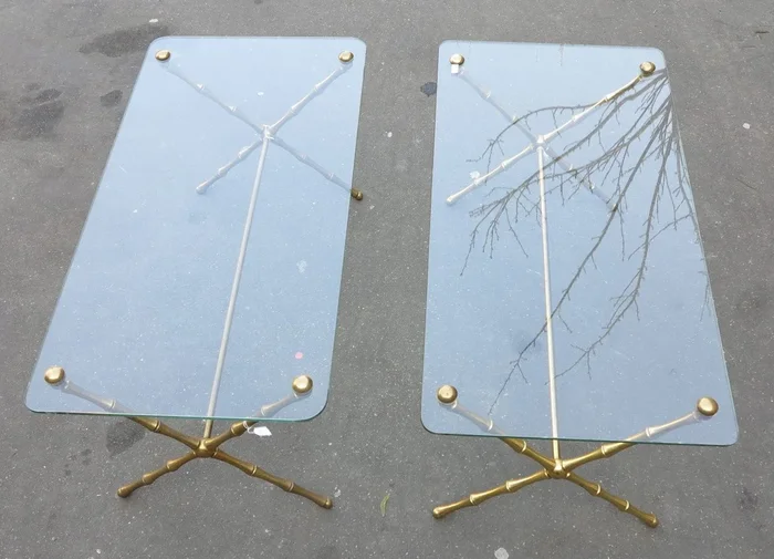 1950/70 Paire De Tables Basses En Bronze Doré Maison Baguès, Modèle Bambou, Entretoise