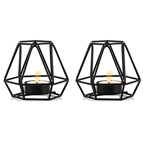 2 Pièces Bougeoirs Bougie Thé, Support Bougie Thé Noir, Bougeoirs Votifs Bougie Chauffe-Plat Géométrique Hexagonale Métal pour Décoration Tables Basse