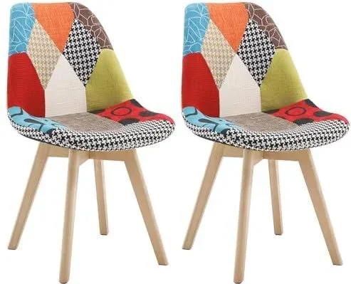 2 X Chaises Salle à Manger, Chaise Patchwork, en Lin + Bois Multicolore BH29mf-2