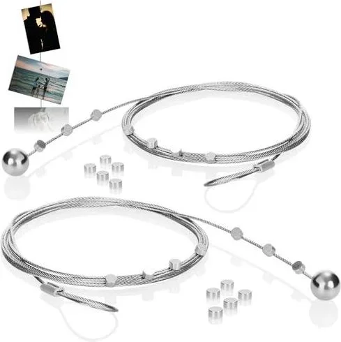 2x Câble photo avec 24 aimants, env. 200 cm x 1,2 mm, métal – câble photo avec aimants pour suspendre (02 pièces)