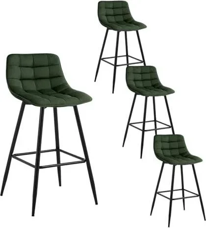 4 X Tabouret de Bar Bistro Chaise de Bar Assise rembourrée en Velours avec Pieds et Repose-Pieds en métal,Vert Foncé BH143dgn-4