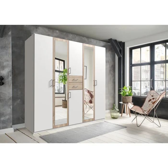 Armoire adulte moderne 225 cm blanc/chêne poutre Hortensia