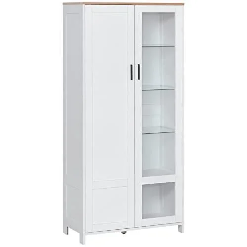 Armoire Cuisine, Buffet de Cuisine, vaisselier, Meuble vitrine à 2 Portes Dont Une Porte vitrée – Meuble de Rangement avec étagères réglables et 9 Com Blanc