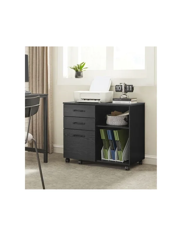 Armoire de Bureau à Fichiers Caisson de Bureau Mobile avec 3 Tiroirs Noir Boisé