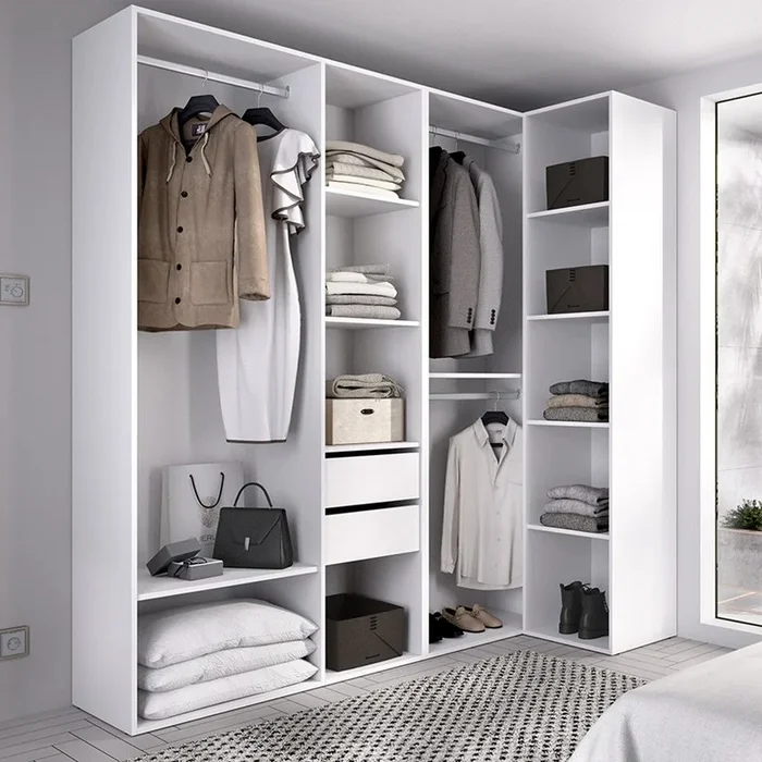 Armoire dressing sans portes Suit coin Blanc – Chêne naturel