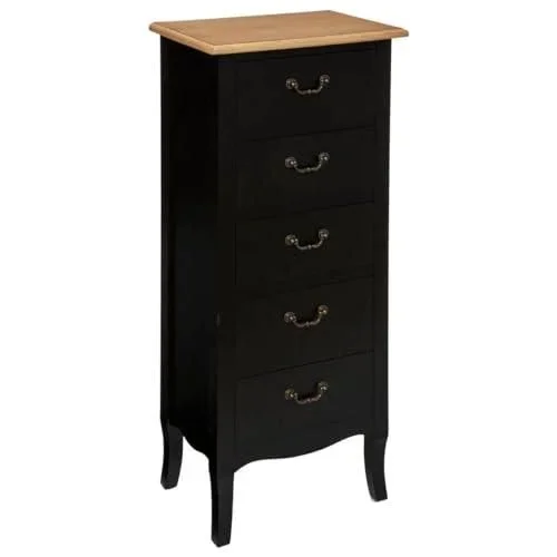 Atmosphera – Chiffonnier Chrysa Noir et Bois – 45 x 30 x 113 cm – 5 Tiroirs, Meuble de Rangement, Style Romantique – pour Chambre, Salon, Entrée