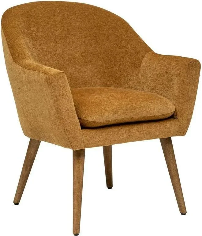 Atmosphera – Fauteuil en Tissu Chenille Jaune Ocre et pieds en Bois