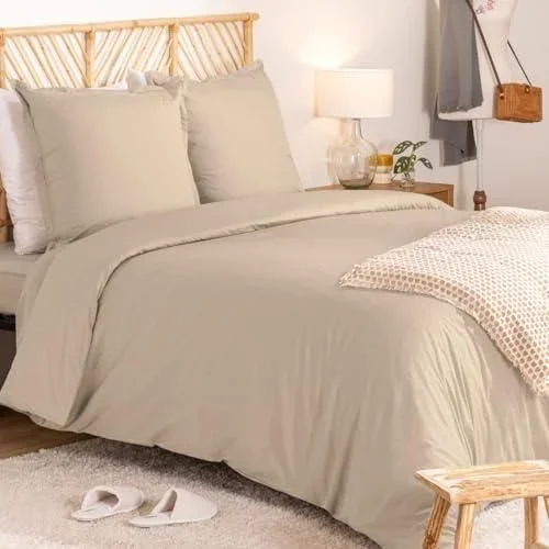 Atmosphera – Parure de lit landiha Percale Beige Lin 260x240cm