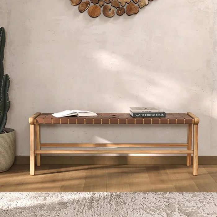 Banc 120 cm en cuir tressé marron et bois de teck – kuna