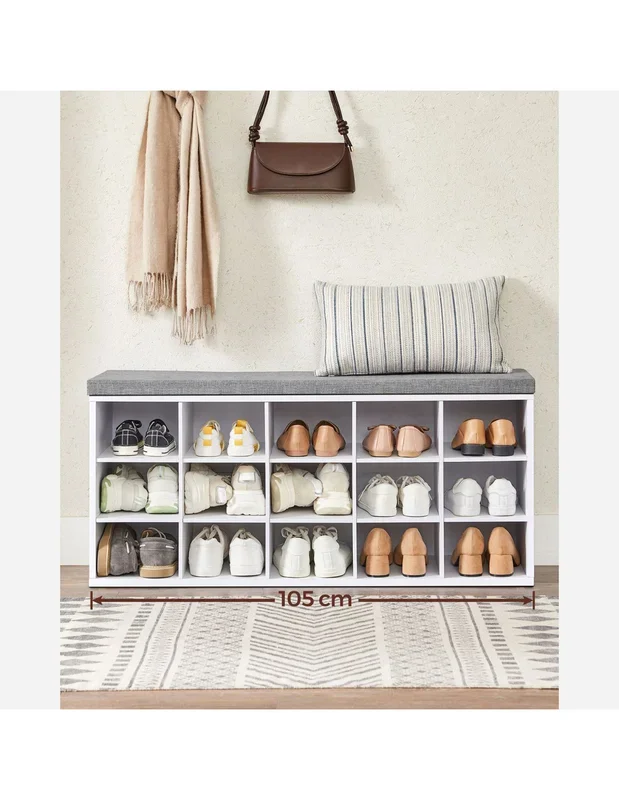 Banc à Chaussures Blanc Rangement avec 15 Compartiments Siège Rembourré