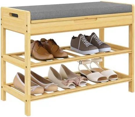 Banc à Chaussures en Bambou, avec Siège Rembourré Rabattable, Étagère pour Chaussures à 2 Niveaux, pour Couloir, Chambre à Coucher, Salon, Blacon, 68x Gris