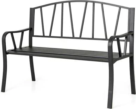 Banc Extérieur Jardin, Assise à Lattes pour 2 à 3 Personnes, Capacité 300 kg, Dossier Simple, Accoudoirs Incurvés, Banc de Jardin en Métal Robuste pou Noir