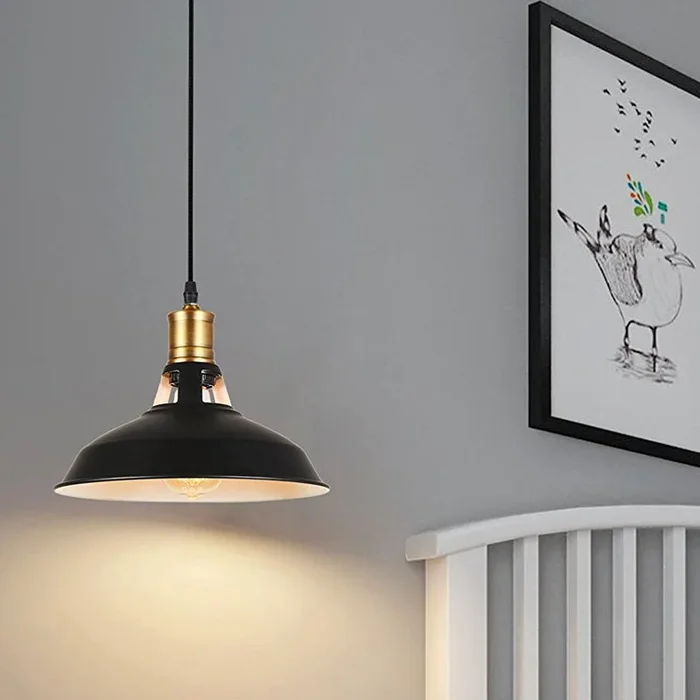 Barn Shade Salon Suspension Ferme Fer 1 Lumière Noir/Blanc Lampe Suspendue avec Prise Ventilée