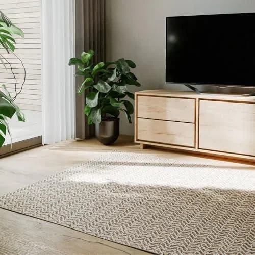 Basic Tapis Exterieur Kaleo – Beige 140×200 cm – Géométrique – Intempéries et UV résistant Balcon, terrasse, Jardin, Cuisine, Salon, Couloir, Salle à