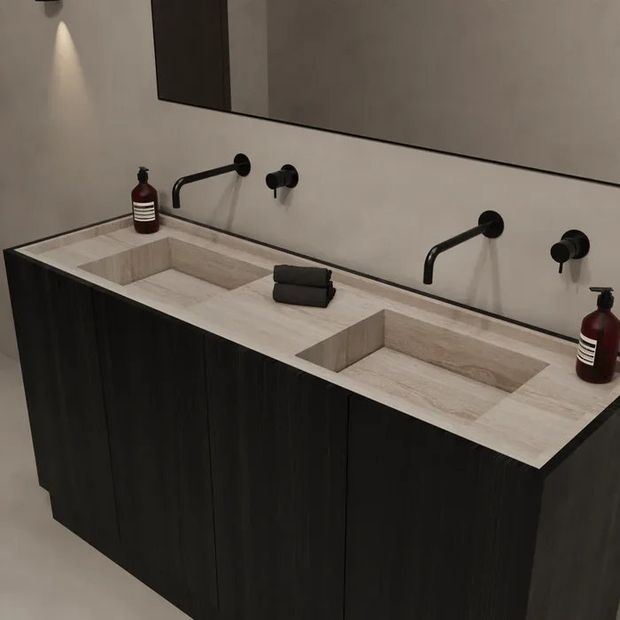 Basiel – Lavabo Encastré en Travertin – Blanc – 150 cm