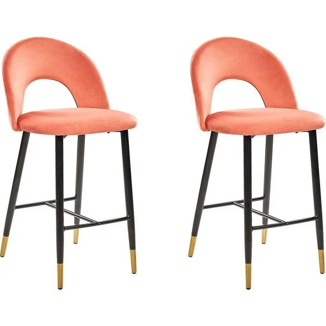Beliani – 2 Tabourets Chaises Hautes de Bar en Velours Rouge Corail Pieds Noirs et Dorés Design et Confort pour Cuisine ou Salon Rétro et Glamour
