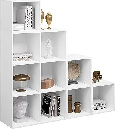 Bibliothèque à 10 Compartiments Cubiques, Étagère Escalier avec Casiers, Séparateur avec Cubes Ouvertes, Meuble de Rangement, pour Salon, Chambre, Bur Blanc