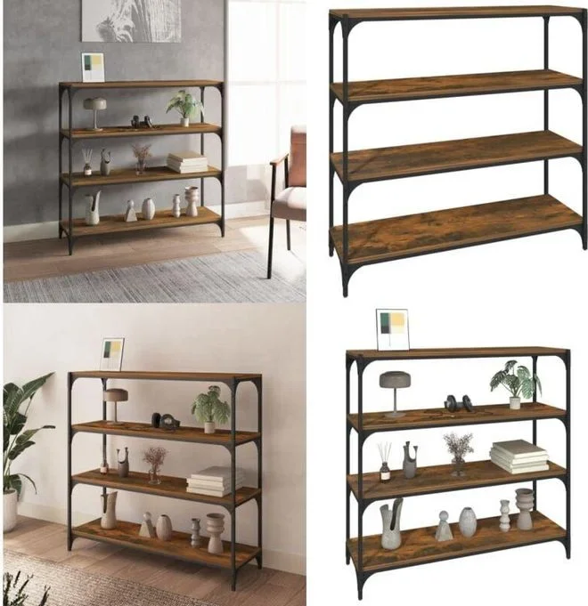 Bibliothèque Chêne fumé 100x33x100cm Bois dingénierie et acier – Bibliothèque Industrielle – Étagère Murale – Rangement Intérieur – Meuble Tv