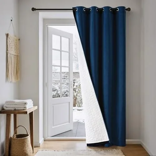 Bleu Rideaux Velours Double Epais avec Doublure Matelassée à Oeillets, Rideau Thermique Isolant Anti Froid et Chaleur pour Porte Dentrée Fenetre, Ride