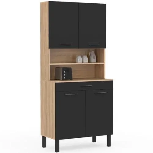 Buffet de Cuisine 80 CM CINA 4 Portes + tiroir façon hêtre et Noir