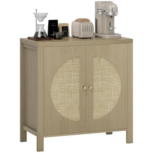 Buffet Salon, Meuble de Rangement avec 2 Portes Effet rotin et étagère réglable, Style bohème, pour Salle à Manger et Cuisine, 75 x 38 x 77 cm, Bois N