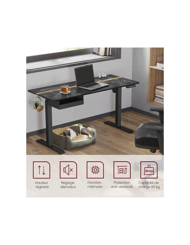 Bureau 140x60cm Electrique Réglable en Hauteur Noir Bureau Assis-Debout Fonction Mémoire de 4 Hauteurs