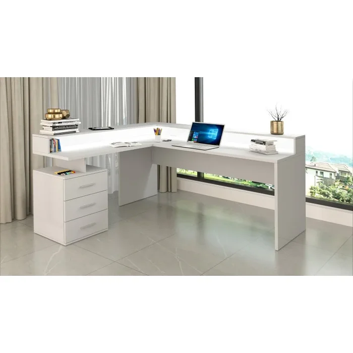 Bureau d&rsquo;angle avec réhausse blanc laqué brillant Sevina