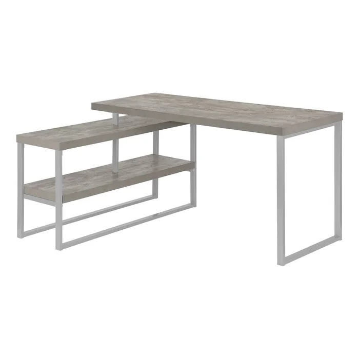 BUREAU D’ORDINATEUR – 60″L / BÉTON / COIN G/D METAL ARGENT ( Meuble Mtl )
