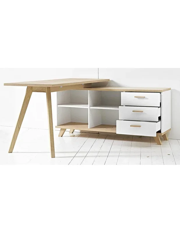 Bureau design chêne et blanc bureau scandinave bureau avec rangement 3 tiroirs bureau d&rsquo;angle
