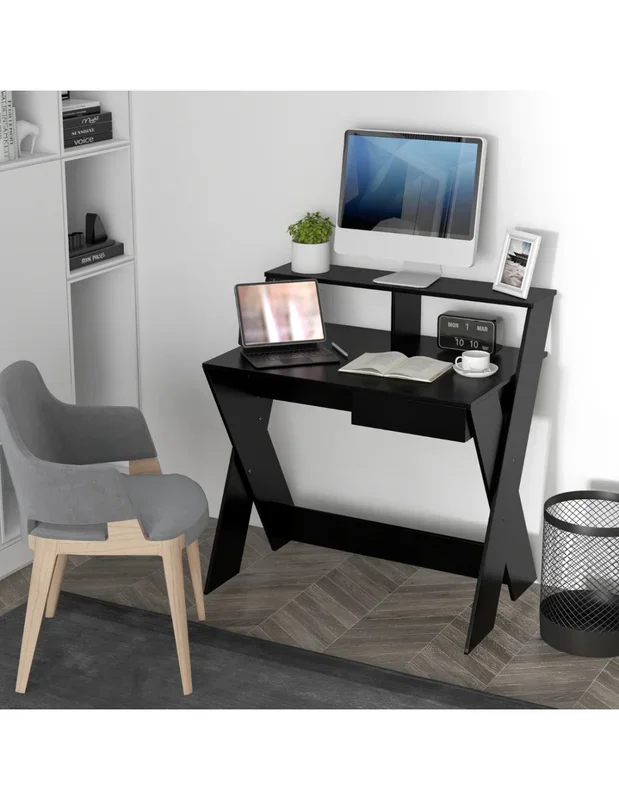 Bureau Informatique avec Rangement et Support d’Écran Table de Travail Noire