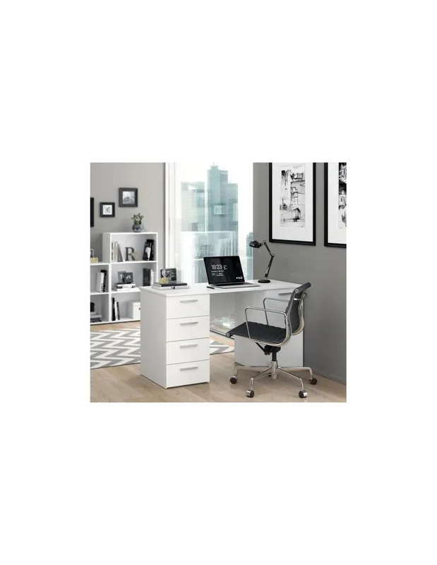 Bureau ordinateur blanc avec 4 tiroirs et 1 placard bureau informatique avec rangement