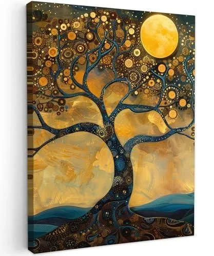 © Impressions sur Toile 60×80 cm Deco Tableau Murale Decoration Salon Peinture Tableaux Chambre Toiles Maison Arbre – Lune – Fleurs – Or – Art Doré