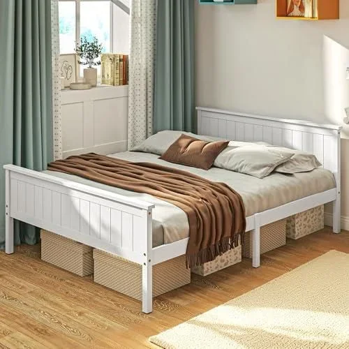 Cadre de lit 140 x 200 cm, lit Simple en Bois Massif avec sommier à Lattes, tête et Pied Inclus, 29 cm de Hauteur avec Rangement au-Dessous, sans Brui Blanc