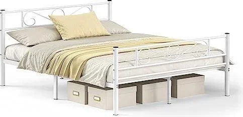 Cadre de Lit 160 x 200 avec Sommier Métal, Lit 2 Personnes, en Métal, Montage Facile, pour Petits Espaces, Chambre dAmis, Chambre Ado, Blanc RMB065W01