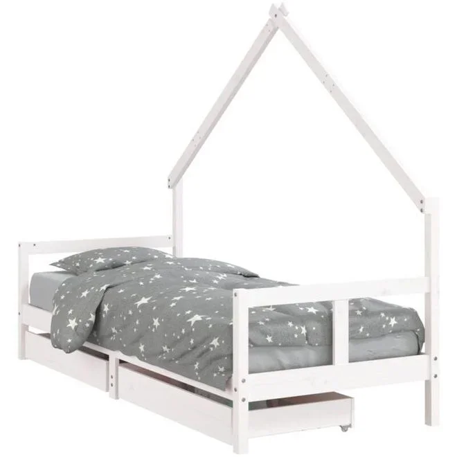 Cadre de lit enfant tiroirs blanc 80×200 bois de pin massif
