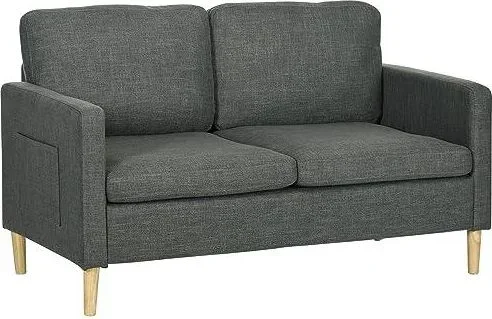 Canapé 2 Places Style Contemporain Pochettes sur Les accoudoirs Pieds en Bois revêtement Tissu Aspect Lin – Gris