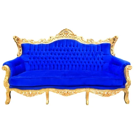 Canapé baroque rococo 3 places velours bleu et bois doré