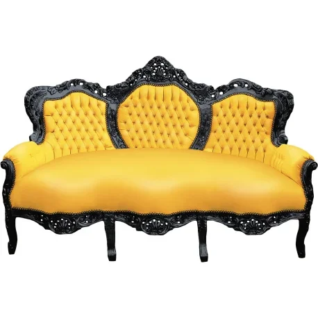 Canapé baroque tissu simili cuir jaune et bois laqué noir