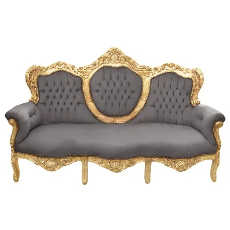 Canapé baroque tissu velours gris et bois doré