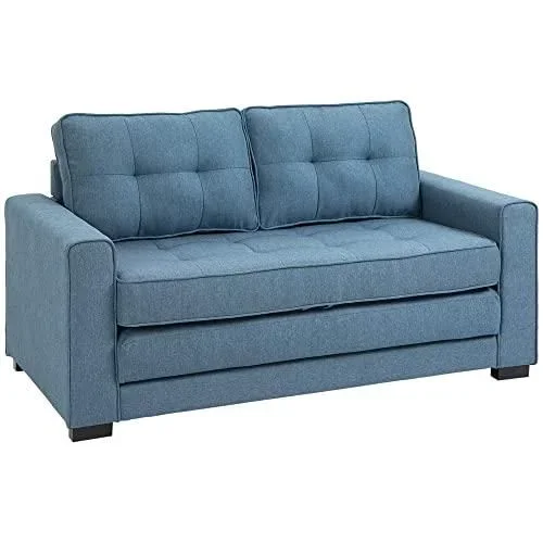 Canapé Convertible 2 Places canapé-lit avec Dossier capitonné, Coussins et Matelas Pliable au Sol, canapé en Tissu Effet Lin pour Salon, Chambre damis Bleu