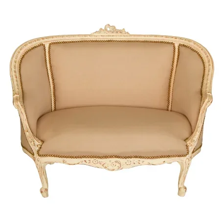 Canapé de style Louis XV tissu couleur lin beige et bois beige