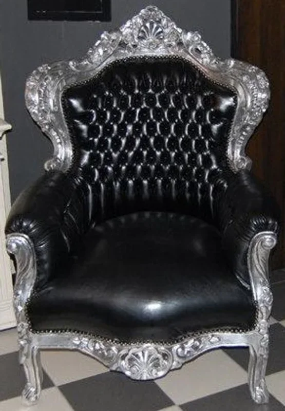 Casa Padrino Baroque Armchair King Black / Silver Leather Optic 85 x 85 x H. 120 cm – Antique Style Furniture
