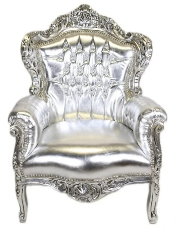 Casa Padrino Baroque Armchair « King » silver / silver leather look with bling bling diamante