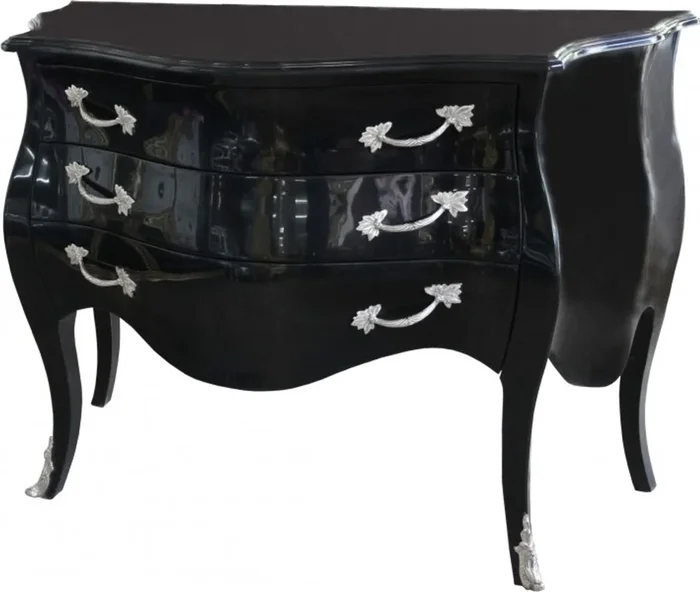 Casa Padrino Baroque Commode High Gloss Black 122 cm with silver metal applications – antique style