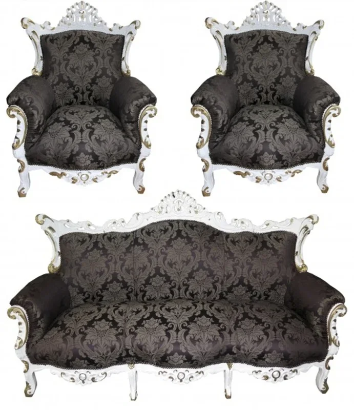 Casa Padrino Baroque Living Set Black Pattern / White / Gold – 3 seater sofa + 2 armchairs