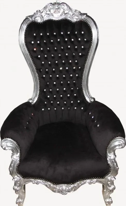 Casa Padrino baroque throne Majestic Medium Black / silver with bling bling rhinestones – big armchair – chair throne Tron